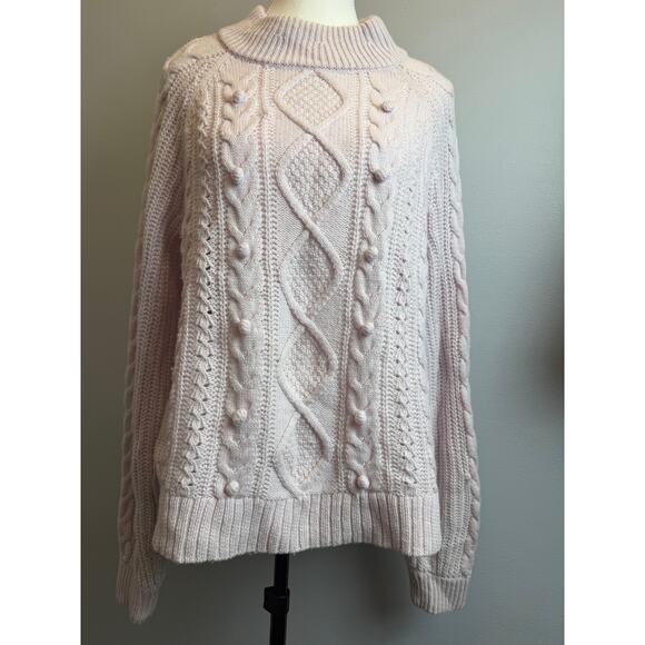 J. Crew Wool Blend Chunky Cable Azra Pom Sweater Women L Cream Ivory Cottagecore - Picture 1 of 7